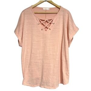 Retrology Lace Up Pullover Top Womens 2X Baby Pink‎ Short Sleeve Sparkly Grommet